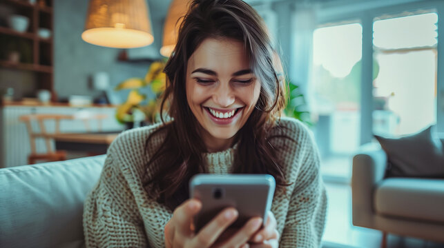 Woman smiling at her phone on a cozy couch.