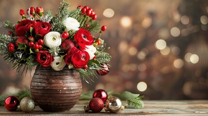 A festive holiday arrangement featuring a bouquet of red and white flowers, pine branches, and shiny baubles in a rustic vase.
