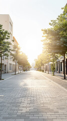 Fototapeta premium Empty street with modern architecture and natural sun lighting. Urban scenes.