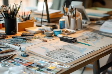 Creative workspace with art supplies
