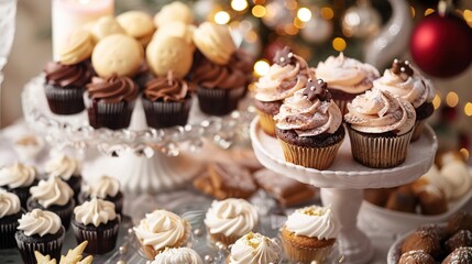 A festive dessert spread featuring cupcakes, cookies, and other treats, perfect for celebrating the new year. 