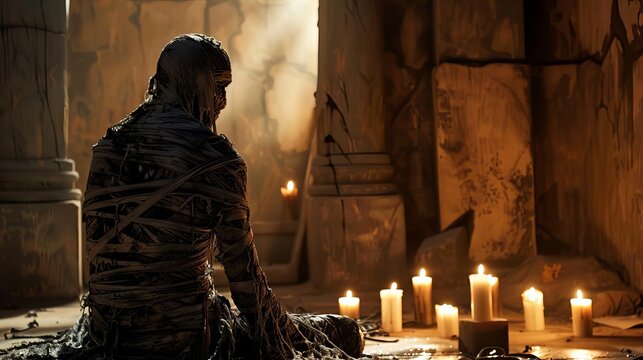 Back view of a mummy on Halloween night - Powered by Adobe