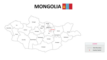 Mongolia Map. State and district map of Mongolia. Administrative map of Mongolia with states and boundaries in white color.