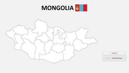 Mongolia Map. State map of Mongolia. Administrative map of Mongolia with states names in outline.