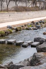 Cheonggyecheon stream, a modern public space in Seoul, South Korea, in beginning of spring. It transformed street to be environmentally sustainable and pedestrian oriented public space.