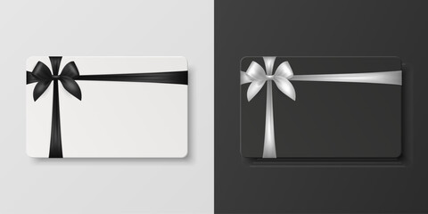 Vector 3D Realistic Blank Gift Card and Gift Certificate Template with Silk White and Black Ribbon and Satin Bow. Greeting or Sale Card, Isolated. Birthday, Christmas, Party Gifts, Invitation Concept
