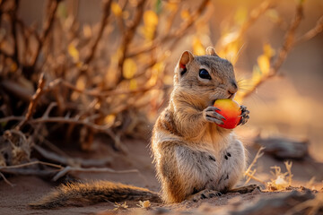 A photo of an African ground squirrel eating fruit in the desert.