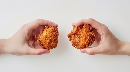 Hands holding golden crunchy fried chicken thighs on a white background