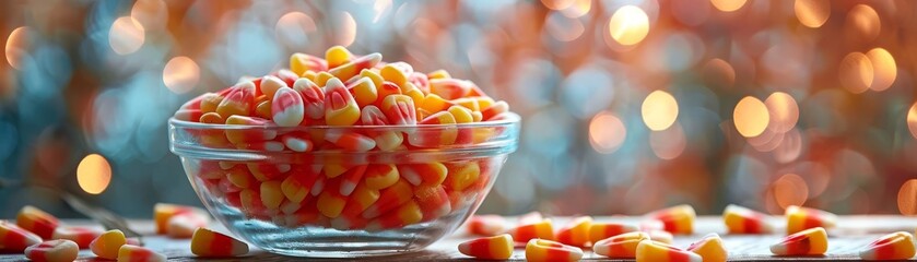 Candy corn in a spooky bowl, Halloween night, close up, festive, realistic, double exposure, haunted kitchen backdrop