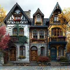 Fototapeta premium different versions of typical old English village houses, front view, white background, flat vector illustration