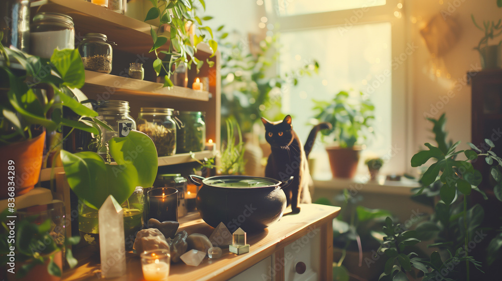 Wall mural witchy modern kitchen setup: cauldron brew, herb jars, familiar black cat