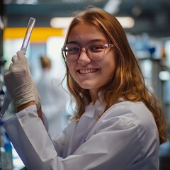 A young female scientist is showcased with a test tube, making it a potential best-seller for abstract concepts of research and innovation in a laboratory wallpaper or background