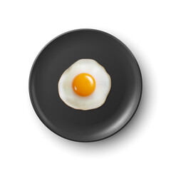 Vector 3d Realistic Fried Egg on a Black Dish, Plate Closeup Isolated in Top View. Design Template of Scrambled Eggs, Fried Egg, Omelette. Delicious Breakfast, Food, Culinary Concept