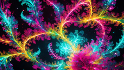 Design an abstract background featuring a fractal explosion in bright neon colors like pink, cyan, and lime green. The fractals should radiate outward from the center, with intricate, repeating patter