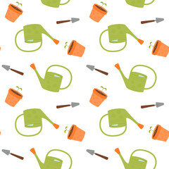 Seamless pattern with garden watering can, flower pot, shovel.