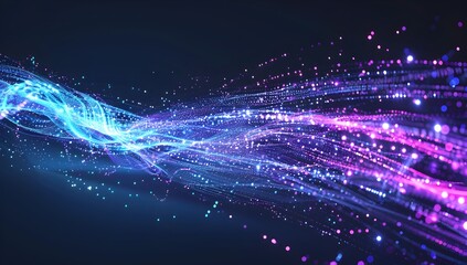A single, vibrant purple and blue streak of light with particles flowing out from it on a dark background, representing fast data transfer in digital technology
