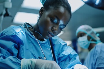 Description: Black female doctor prepares for surgery in the operating room, supported by a nurse