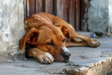 Solitary brown stray dog lies down with a contemplative gaze on an urban sidewalk