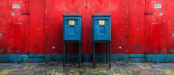 Blue Polling Booths Against Red Grunge Wall.