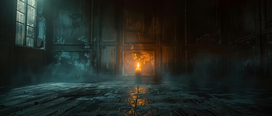 Dark room with a single candle flickering, haunted Halloween, focus on, haunting, whimsical, composite, abandoned mansion backdrop