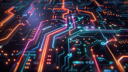 Obraz premium Futuristic circuit board with glowing neon lights, depicting advanced technology and innovation. 