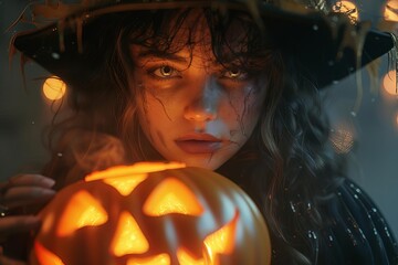 Detailed close-up of trick-or-treater in a witch costume