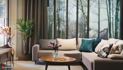 Title: A picture of a room with modern and beautiful decoration. With a beautiful background.