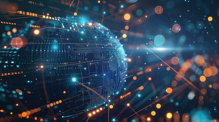Obraz premium Digital globe with glowing data points, showcasing global connectivity and technological progress. 