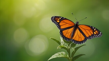 Fototapeta premium Granater AI A monarch butterfly perched on a green plant, showcasing its vibrant colors and delicate wings.