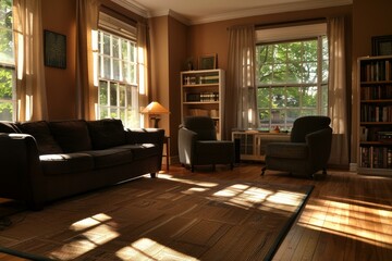 Peaceful home interior showing a comfortable living room bathed in warm sunlight