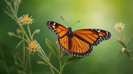 Obraz premium Granater AI A vibrant monarch butterfly perches gracefully on a delicate flower, showcasing nature's beauty.