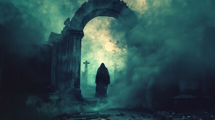 Devil emerging from a portal, Halloween night, selective focus, eerie, vibrant, silhouette, misty graveyard backdrop