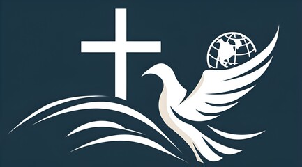 A blue and white logo with a bird and a cross. The bird is a dove and the cross is a symbol of Christianity. The logo is meant to represent peace and faith