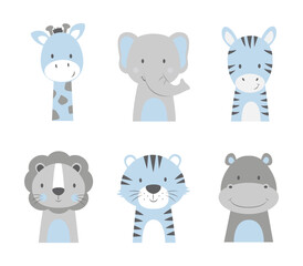 Cute safari animals giraffe elephant tiger lion zebra hippo vector illustration