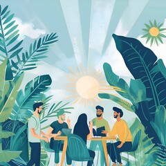 A group of people are sitting around a table in a jungle setting. The man in the center is giving a presentation. Scene is one of collaboration and teamwork