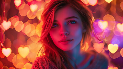 Young Woman with Heart-Shaped Bokeh Lights in a Romantic Background