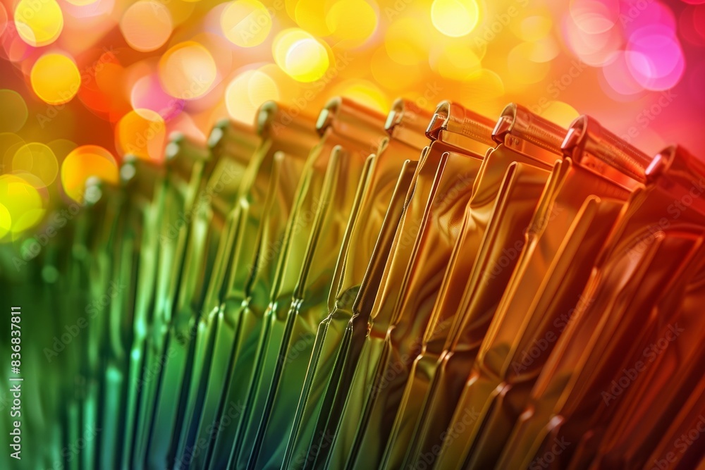 Aufkleber closeup of aligned metal binders on a desk with a vibrant bokeh effect backdrop