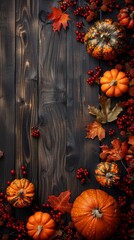 Autumn banner with a charming scene featuring rustic decor crafted from pumpkins, berries, and leaves. Сopy space for text