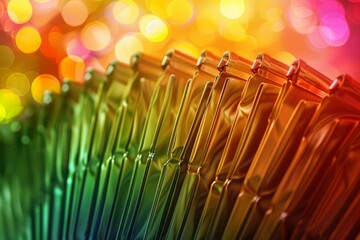 Closeup of aligned metal binders on a desk with a vibrant bokeh effect backdrop