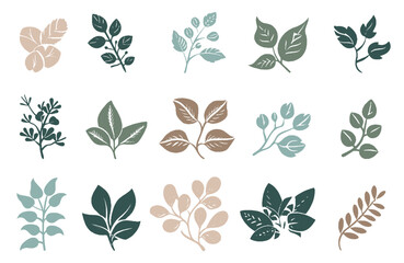Hand drawn leaves elements set. Autumn leaf shape background. Various leaves in muted colors on white background for wallpapers, fabrics, packaging, webs, stickers, cards, posters. Doodle vector herbs