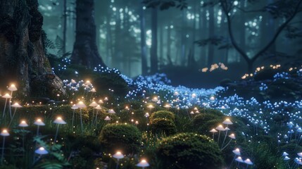 A journey through a mystical forest adorned with magic mushrooms