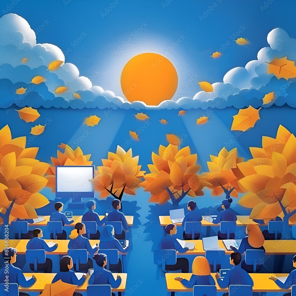 Poster a group of people are sitting in a classroom with a projector screen in front of them. the room is f