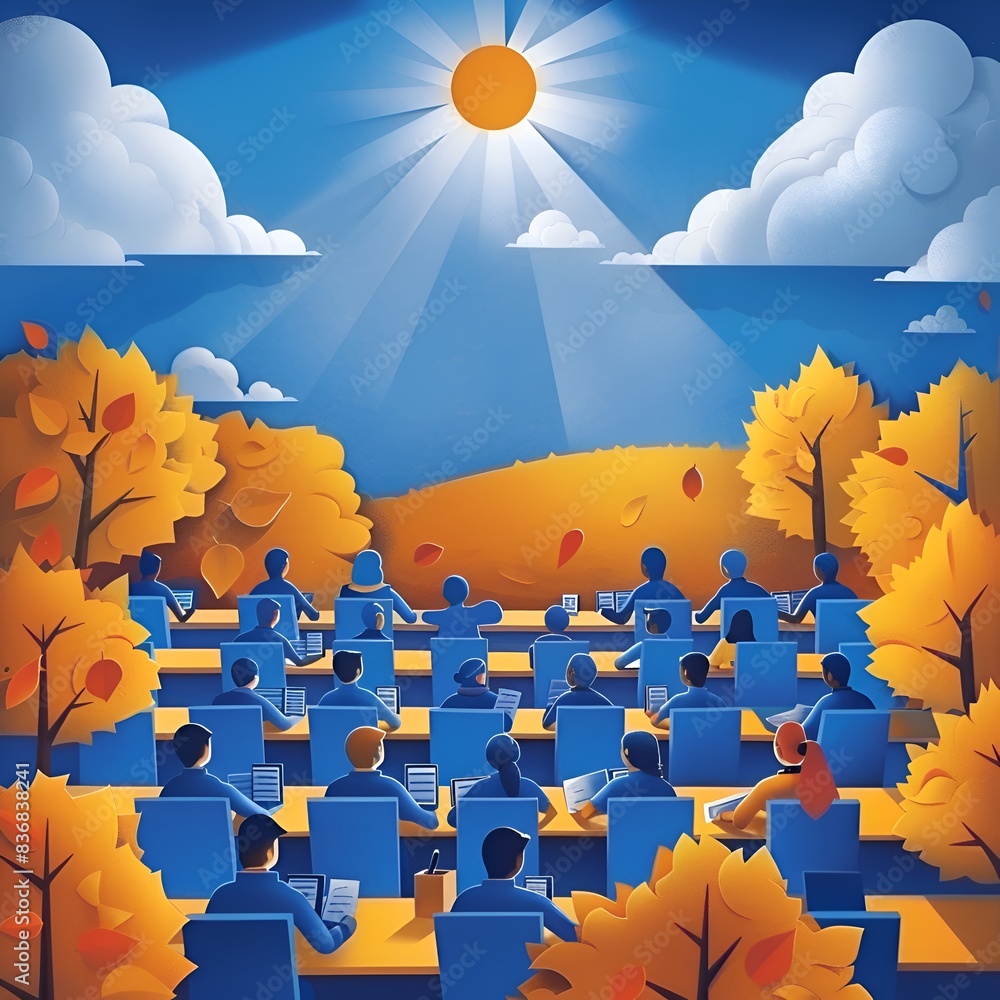 Poster a group of people are sitting in a classroom with a projector screen in front of them. the room is f
