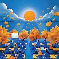 A group of people are sitting in a classroom with a projector screen in front of them. The room is filled with blue chairs and desks, and the walls are decorated with leaves. Scene is calm and focused