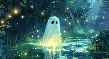 A cute ghost stands in the middle of an enchanted forest pond, surrounded by glowing fireflies. 