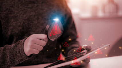 system warning or alert, technology scam Concept, user showing warning of access to software, virus, malicious cyber attack or online network hacking threat, technology security on computer.