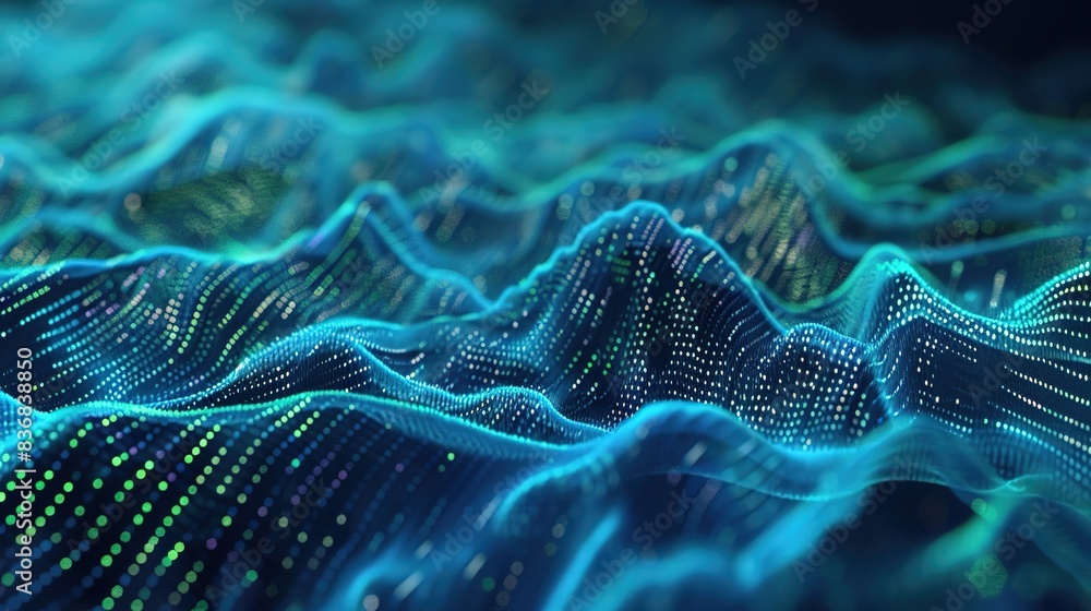 Poster abstract digital waveforms rippling across the surface, reminiscent of data streams in a high-tech e