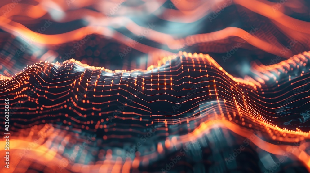 Poster abstract digital waveforms rippling across the surface, reminiscent of data streams in a high-tech e