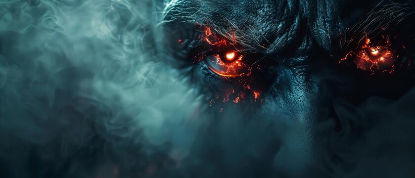 Evil demon with glowing red eyes, Halloween night, close up, menacing, realistic, double exposure, dark cave backdrop