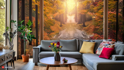  A picture of a room with modern and beautiful decoration. With a beautiful background.
